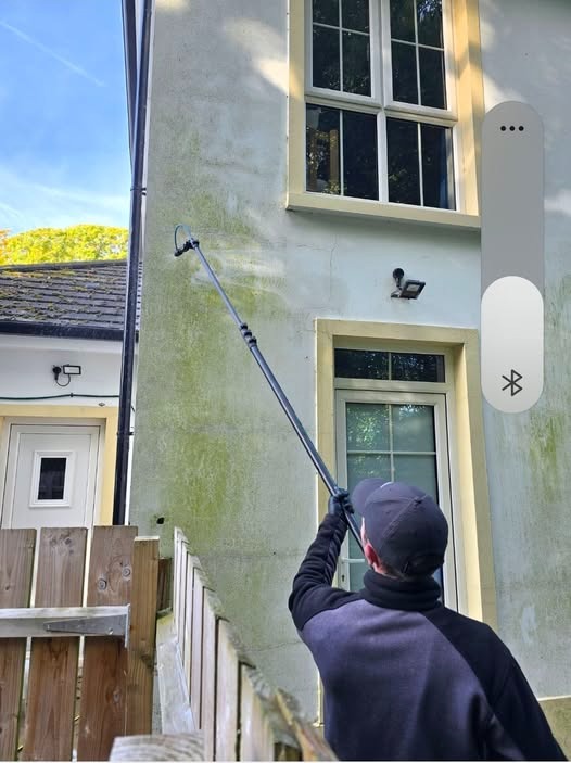 Technician using reach-and-wash pole to clean green algae from a two-storey rendered house